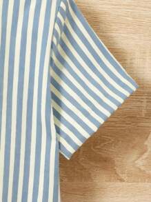 男童條紋短袖立領襯衫和短褲套裝 - 淺藍色 - 查看 3