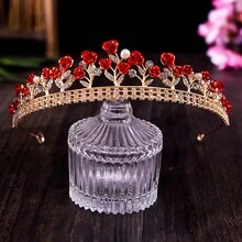 Red Floral Crown Hair Accessory, Luxurious, Elegant, Fresh And Romantic Crown Headwear Decoration - Gold - View 7