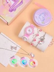 2024 New Gift Box Packaging 3-Color LED Light Strap Cartoon Unicorn Kids Watch Set With Wallet, Necklace, Earrings And Bracelet 7pcs/Set - Pink - View 3
