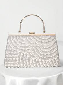 女士珍珠裝飾手拿包，歐美風格晚宴派對手提包 - 銀色 - 查看 7