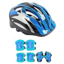 兒童單車頭盔和墊套組,兒童滑板頭盔+膝蓋和肘膝墊+手腕墊7合1兒童防護裝備套裝,適用於騎單車、滾軸溜冰和滑板 - 藍色 - 查看 6