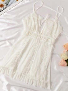 女士蕾丝网褶边前开叉系带睡衣（含丁字裤）