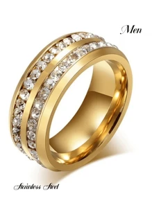 時尚情侶戒指，女士橄欖形切割戒指和男士雙排不銹鋼戒指，情侶飾品 - 金色 - 查看 15