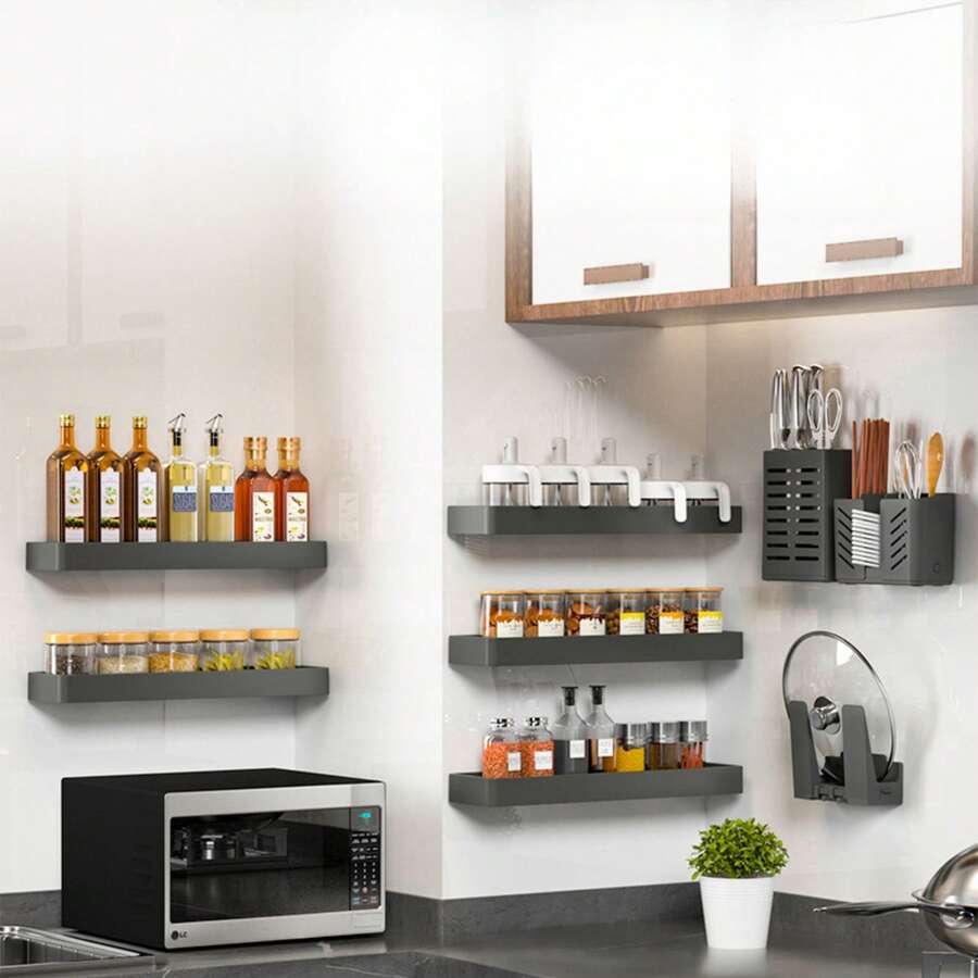 1 pieza Rack de almacenamiento montado en la pared para cocina y baño, organizador de condimentos sin perforación - Gris - Ver 1