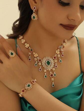 5pcs/Set Vintage Luxury Bollywood Style Colorful Rhinestone Hollow Out Water Drop Flower Dangle Earrings + Ring + Chain Necklace + Bracelet,Women Glamorous 14k Gold Jewelry Sets,For Women&Teen Girls Wedding Gifts,Vacation Travel, Beach Party, Music Festivals Valentines,Mom,Mother,Mother's Day,Gift