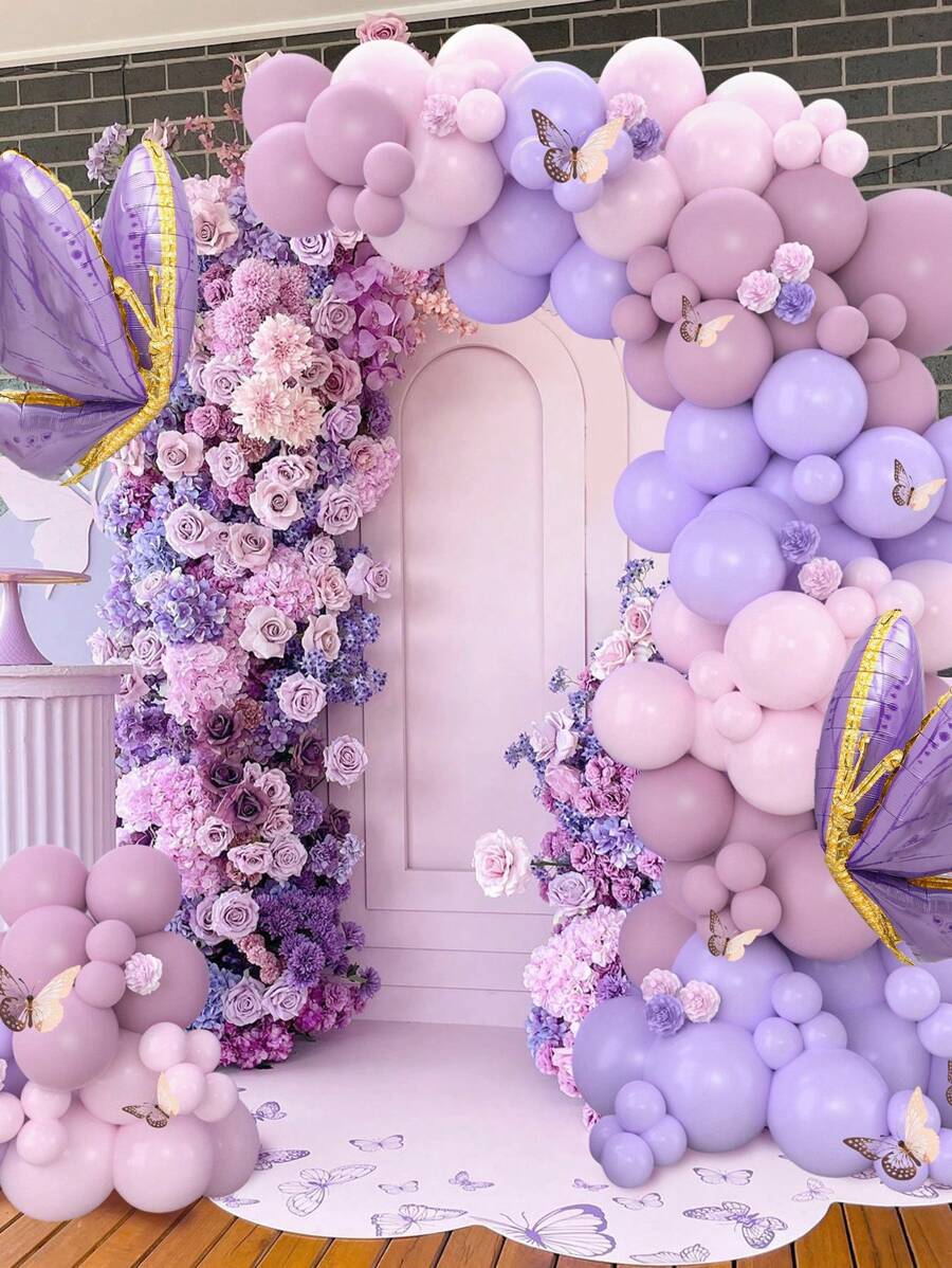 133 piezas Conjunto de arco floral morado y rosa, globos de látex y papel de aluminio con tema de mariposas, decoración de boda, obsequios para despedida de soltera, decoraciones de fiesta de cumpleaños con tema de mariposas, decoración para baby shower, suministros para fiesta de revelación de género, telón de fondo para fiesta de mariposas, accesorios para photobooth, decoraciones para fiesta festiva - Multicolor - Ver 1