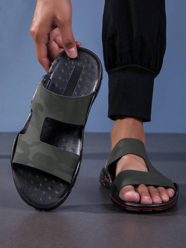 Men's Military Green Camouflage Pattern Fashion Slippers, Casual Slip-Resistant Massage Sole Open-Toe Sandals, Perfect For Outdoor Wearing, With Soft Bottom, Summer Footwear