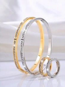 4 Pcs Of Light Luxury Design Advanced Simple Stainless Steel Single Row Drill Bracelet Ring Suitable For Holiday Gifts Friends