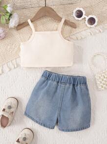 Baby Girl Fashionable 3D Embroidered Heart White Vest Top And Distressed Sprayed Hem Cut-Off Denim Shorts Outfit, 2pcs
