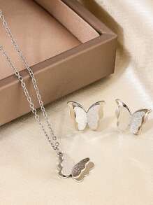 3 Pieces/Set Frosted Double-Layer Butterfly Pendant Necklace Earrings, Daily Matching Jewelry Set Gifts - Butterfly - View 10