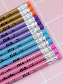 12 chiếc bút chì nhựa hình tam giác HB, màu sắc ngẫu nhiên, để viết và sửa - Nhiều màu - Xem 1