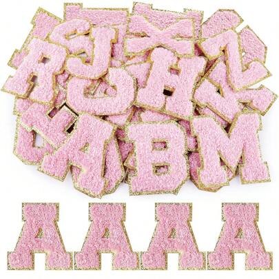 4Pcs Letter Patches,Initial Self Adhesive Glitter Chenille Patches,Iron On A-Z Alphabet Patchs Sew On Self-Adhesive Patches For DIY Mobile Phone Clothing Backpack Bag Jackets Jeans Shirt Hat Shoes,ID Charm Letter Patches(Pink)