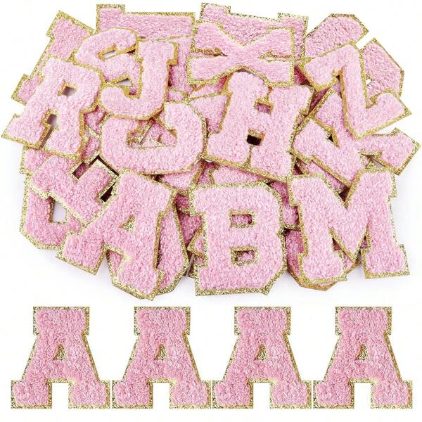 4Pcs Letter Patches,Initial Self Adhesive Glitter Chenille Patches,Iron On A-Z Alphabet Patchs Sew On Self-Adhesive Patches For DIY Mobile Phone Clothing Backpack Bag Jackets Jeans Shirt Hat Shoes,ID Charm Letter Patches(Pink)