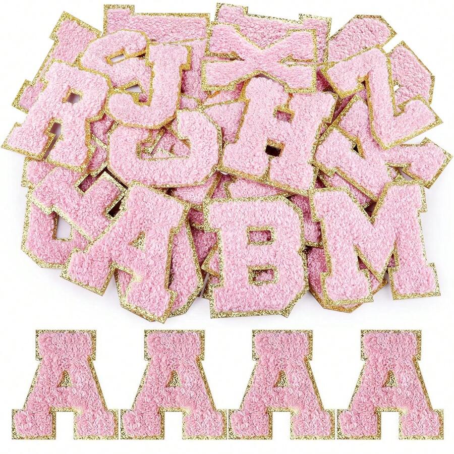 4Pcs Letter Patches,Initial Self Adhesive Glitter Chenille Patches,Iron On A-Z Alphabet Patchs Sew On Self-Adhesive Patches For DIY Mobile Phone Clothing Backpack Bag Jackets Jeans Shirt Hat Shoes,ID Charm Letter Patches(Pink)