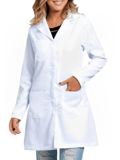 Jaleco Feminino Oxford Branco, Botão Embutido, Gola Padre, Elástico Punho, Acinturado, Manga Longa - Oxford