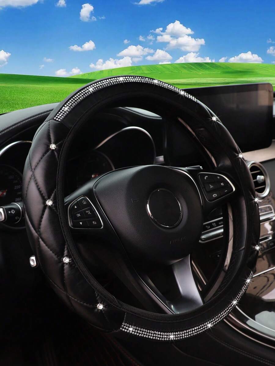1pc Faux Sheepskin 3D Embroidery With Diamond-Studded Blingbling Car Steering Wheel Cover, Non-Slip, Suitable For 14.5-15 Inches - 黑色 - 查看 1
