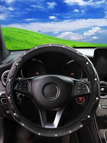 1pc Faux Sheepskin 3D Embroidery With Diamond-Studded Blingbling Car Steering Wheel Cover, Non-Slip, Suitable For 14.5-15 Inches - 黑色 - 查看 4