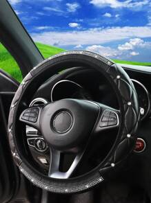 1pc Faux Sheepskin 3D Embroidery With Diamond-Studded Blingbling Car Steering Wheel Cover, Non-Slip, Suitable For 14.5-15 Inches - 黑色 - 查看 5