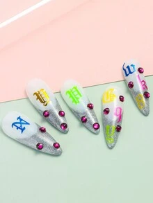 3包哥特式美甲贴纸，Y2K大写字母复古英文字母美甲设计，玫瑰红、绿色、荧光黄三色可选，DIY美甲装饰贴纸，美甲贴片 - 彩色 - 查看 3