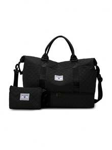 ZHUCHAO 黑色二件式輕便旅行袋裝組，大容量運動健身收納袋，攜帶方便的週末旅行袋及化妝包 - 黑色 - 查看 1