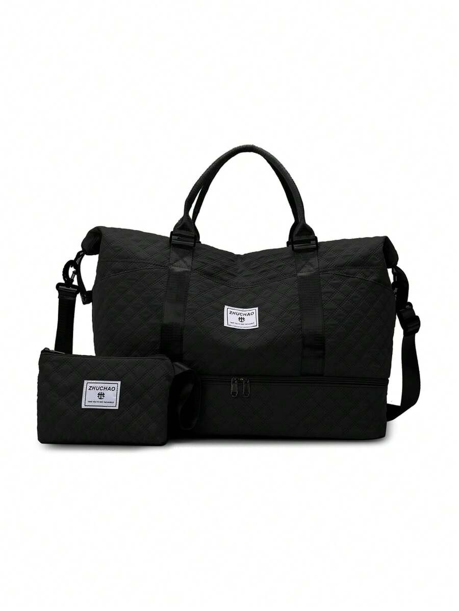 ZHUCHAO 黑色二件式輕便旅行袋裝組，大容量運動健身收納袋，攜帶方便的週末旅行袋及化妝包 - 黑色 - 查看 1