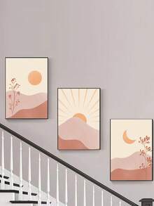 3Pcs Bohemian Style Hanging Painting Mountain Sun Image Decoration Hanging Painting Borderless Canvas Hanging Painting Can Be A Good Living Room, Bedroom Decoration Triplets Hanging Painting