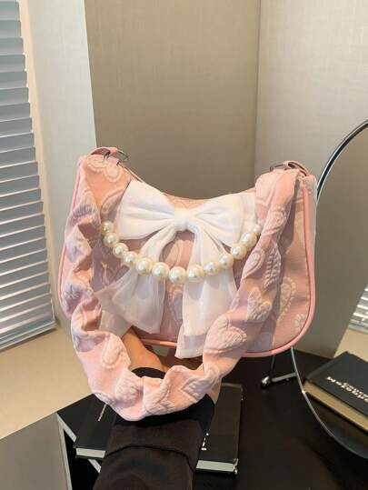 Fashionable Faux Pearl Chain Crescent Moon Handbag With Cloud, Heart Patterned Silk Scarf, Bow Decoration For Women, Casual Shoulder Bag, Crossbody Bag, Perfect Valentine's Day Gift For Her, Best Valentines' Gift Choice Ever Valentines, Fashionable Bow Purse For Women