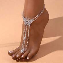 1入歐美女性夏季復古風鑲鑽蝴蝶裝飾腳鍊，附腳指環 - 銀色 - 查看 1