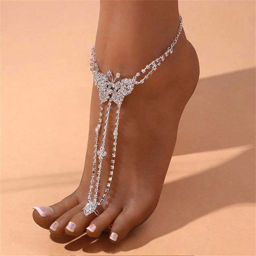 1入歐美女性夏季復古風鑲鑽蝴蝶裝飾腳鍊，附腳指環 - 銀色 - 查看 1
