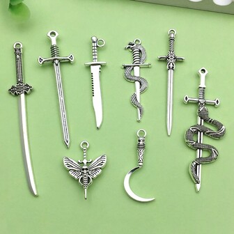 10/16入組騎士劍咒語萬聖節蛇劍吊飾銀色古色古銅金屬刀垂吊飾項鍊首飾製作DIY工藝配件