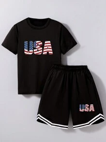 Tween Boy Sportswear Two-Piece Set, Casual And Versatile USA Letter Print Set, Suitable For Older Children