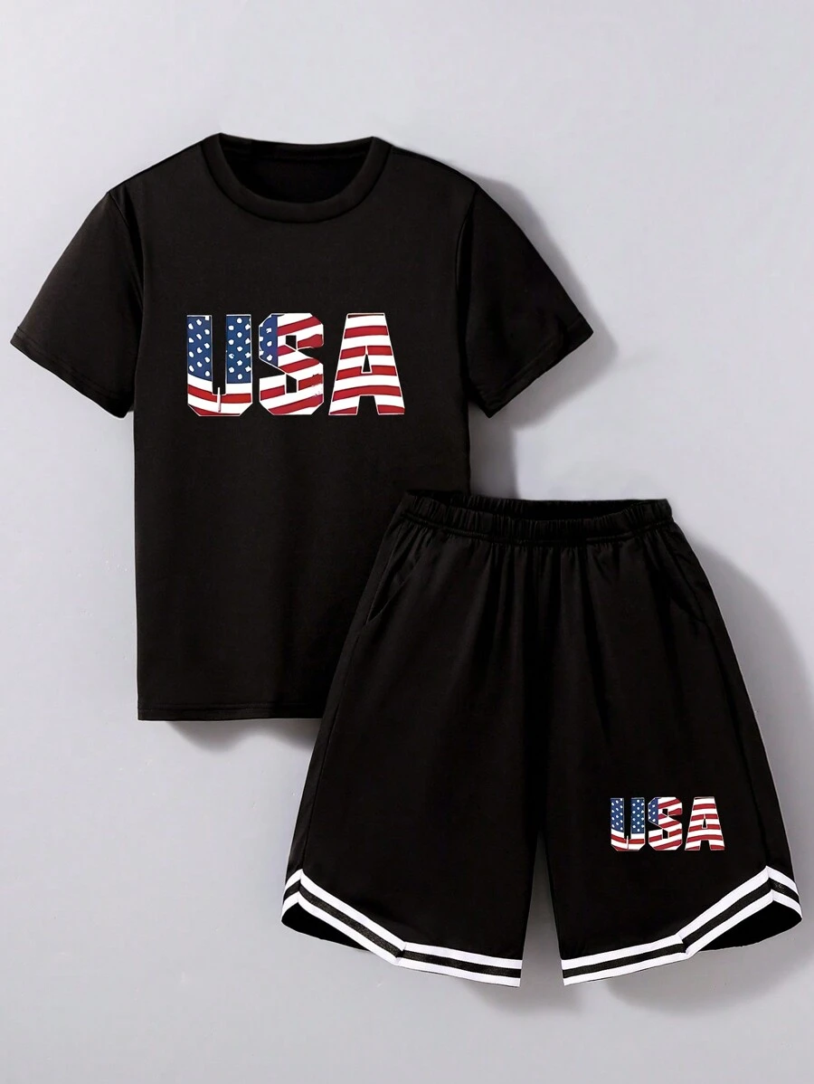 Tween Boy Sportswear Two-Piece Set, Casual And Versatile USA Letter Print Set, Suitable For Older Children