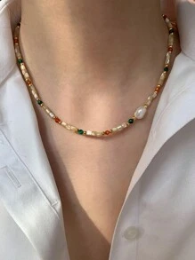 Andkiss 1 pieza Collar de cuentas de piedra natural y perlas de agua dulce falsas con efecto de dopamina