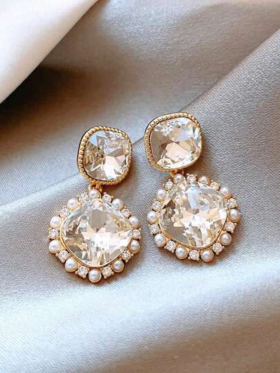 Andkiss 1pair Square Luxury Fashionable Rhinestone Earrings, Versatile