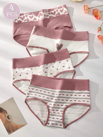 4pcs High Waisted Heart Print Panties For Women, Soft Skin-Friendly Comfortable Underwear, Plus Size