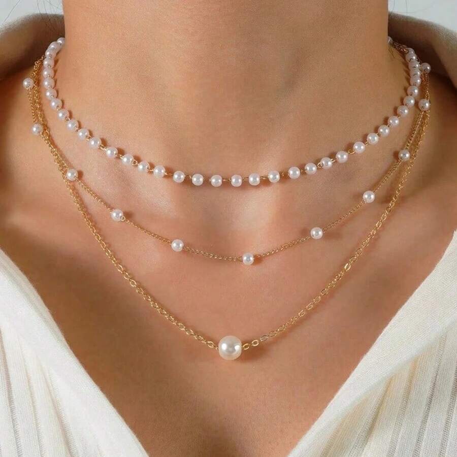 Elegant Jewelry Wedding Multilayer Pearl Necklace For Women Fashion White Faux Pearl Choker Necklace - Gold - View 1