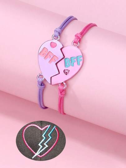 2pcs/Set Girls' BFF Heart Shaped Zinc Alloy Inlaid Pink & Purple Electroplated Color Wax Rope Braided Bracelet, Suitable For Daily Wear And Best Friends Jewelry