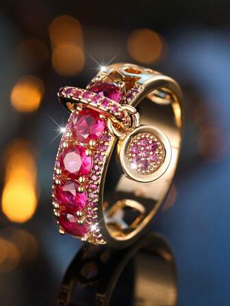 1pc Vintage Royal Blue Sapphire Ring, Women Deluxe Gold-Color Engagement Ring With Circular Loop, Wedding Jewelry Gift