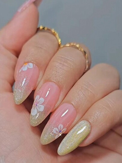 24ピース クロップ フレンチスタイル シンプル グラデーションスターネイルチップセット、ネイルファイルとジェリージェル付き