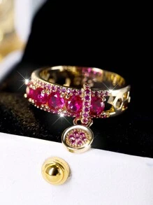 1入復古皇家藍藍寶石戒指，女性豪華金色訂婚戒指帶圓環，婚禮首飾禮品 - 玫紅色 - 查看 2