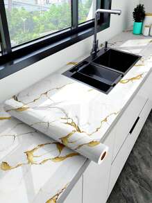 1pc White Marble Pattern Self-Adhesive Tile Sticker For Kitchen, Nordic Style Waterproof & Oilproof Countertop Sticker, Cabinet & Drawer Stain Resistant Wallpaper,Stickers,Wall Decal, Vinyl Decal For Home Decorations,Spring Decoration Items Refresh Your Home,Rama Decoration Stickers Gifts Birthday Graduation - White Gold - View 16