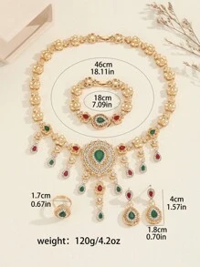 5pcs/Set Vintage Luxury Bollywood Style Colorful Rhinestone Hollow Out Water Drop Flower Dangle Earrings + Ring + Chain Necklace + Bracelet,Women Glamorous 14k Gold Jewelry Sets,For Women&Teen Girls Wedding Gifts,Vacation Travel, Beach Party, Music Festivals Valentines,Mom,Mother,Mother's Day,Gift