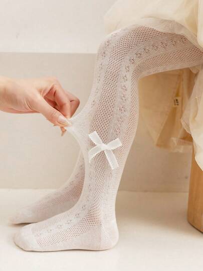 1pc Baby Solid Color Bow Net Stocking, Breathable Leggings For Daily Wear
