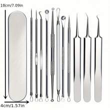 Set de 11 piezas de pinzas removedoras de espinillas con pelos internos, aguja extractora de acné, herramienta para reventar granos, limpiador de poros para limpieza facial profunda - Plateado - Ver 9