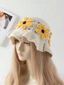 ROMWE Kawaii 1pc Women's Fashionable Y2K Handmade Crochet 3D Sunflower Bucket Hat, Suitable For Daily Outfits In Autumn And Winter Winter Outfits - Multicolor - View 10