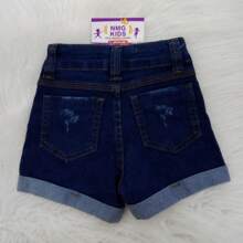 Shorts jeans menina com lycra e barra virada. - Lavagem escura - Visão 3