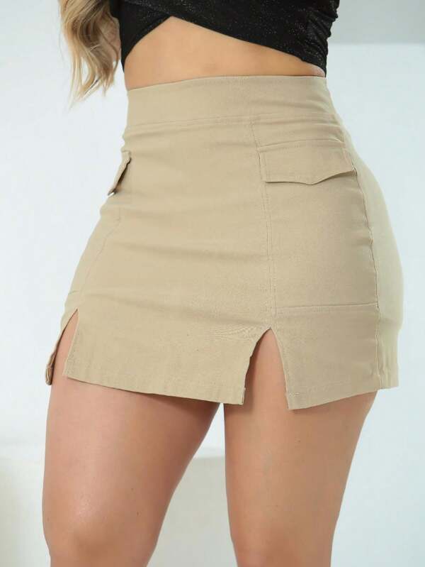 Short-Saia Com Bolso Feminino Shorts Cargo