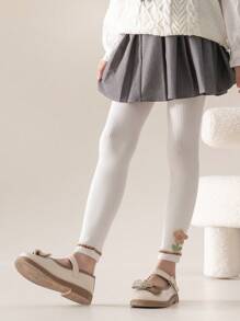 1pc Children's Double-Layer Small Floral Trim Decorated Leggings, Ankle Length, All Season