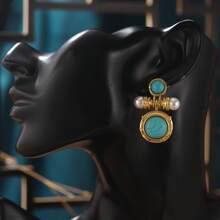 1 paire Boucles d'oreilles cloues vintage en cuivre plaqué argent 925 incrustées de turquoise et de perles pour femmes, cadeau pour rendez-vous ou fête