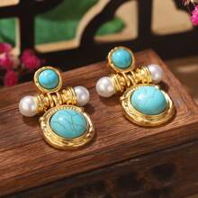 1 paire Boucles d'oreilles cloues vintage en cuivre plaqué argent 925 incrustées de turquoise et de perles pour femmes, cadeau pour rendez-vous ou fête